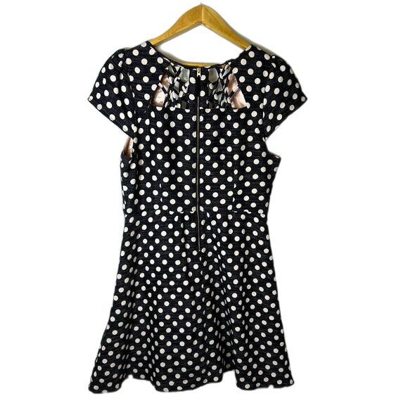 Anthropologie Maeve Nikola Black Cream Dot Print Lattice Neck SS Dress Size 12 - Picture 10 of 16